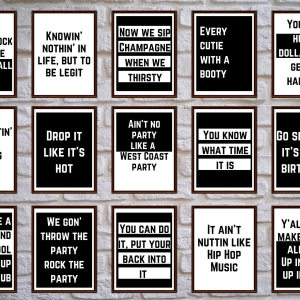 Hip Hop Digital Print, 80s 90s 00s Hip Hop Party Decorations, Printable Poster Set, Rap, Lyrics, Quote, Backdrop, Party