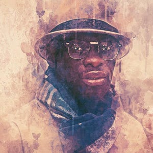 May include: A watercolour painting of a person wearing a light brown jacket, a blue scarf, a white hat, and sunglasses. The background is a light brown colour with watercolour splatters.