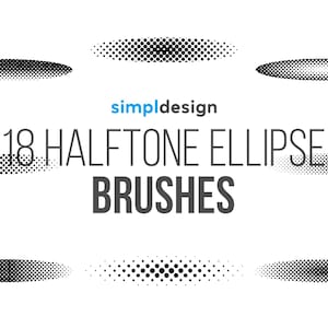Puede incluir: Imagen que muestra 18 pinceles de elipse de semitono. El diseño presenta varias formas de elipse en blanco y negro con diferentes densidades de puntos. El texto "simpl design" es azul claro, y el texto "18 Halftone Ellipse Brushes" es gris.