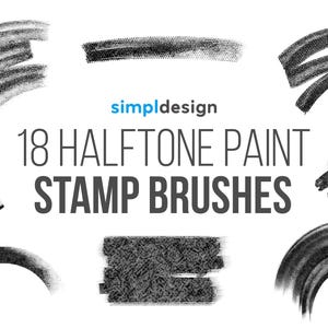 May include: A collection of 18 halftone paint stamp brushes in various shapes and textures, displayed on a white background. The text "simpl design" is above the text "18 HALFTONE PAINT STAMP BRUSHES".