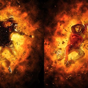 Op de afbeelding: Twee figuren in de lucht poseren tegen een vurige oranje en gele achtergrond. De figuren dragen casual kleding en lijken een dansbeweging uit te voeren. De achtergrond is een wervelende wolk van vuur en rook.