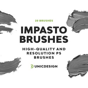 Może przedstawiać: 20 wysokiej jakości pędzli Photoshop o wysokiej rozdzielczości do tworzenia efektów impasto. Pędzle zostały zaprojektowane tak, aby tworzyć grube, fakturowane pociągnięcia przypominające prawdziwą farbę.