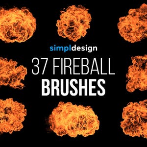 Puede incluir: Gr&aacute;fico de arte digital con nueve ilustraciones de bolas de fuego ardientes en tonos naranja y amarillo sobre un fondo negro. El texto "simpldesign" y "37 FIREBALL BRUSHES" se muestran en blanco.