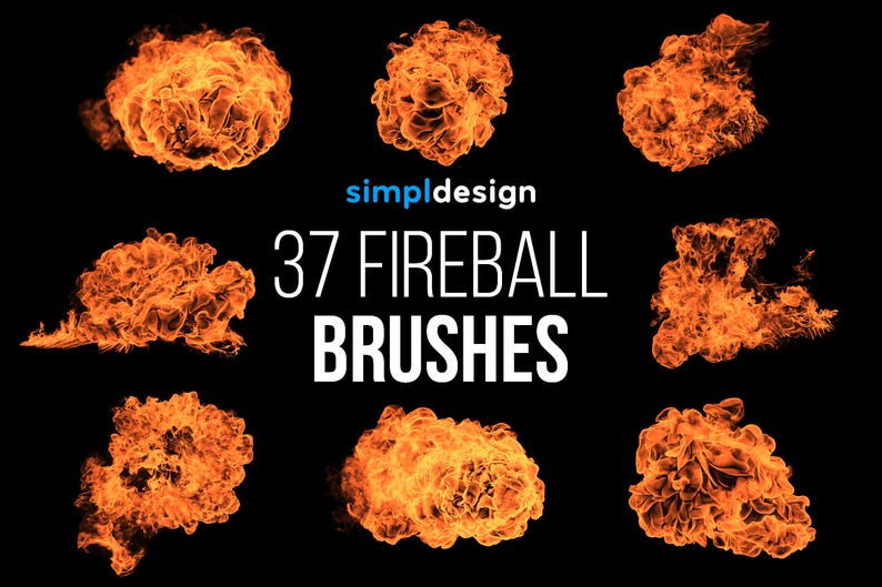Puede incluir: Gr&aacute;fico de arte digital con nueve ilustraciones de bolas de fuego ardientes en tonos naranja y amarillo sobre un fondo negro. El texto "simpldesign" y "37 FIREBALL BRUSHES" se muestran en blanco.