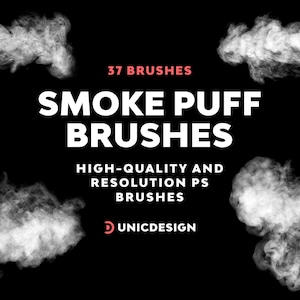 May include: Black graphic with white text and smoke puff illustrations. The text reads "37 BRUSHES SMOKE PUFF BRUSHES HIGH-QUALITY AND RESOLUTION PS BRUSHES" with a logo at the bottom.