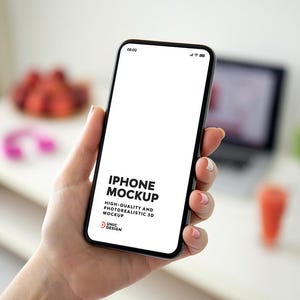May include: A black iPhone mockup held in a hand, displaying a blank white screen with the text "IPHONE MOCKUP" and "HIGH-QUALITY AND PHOTOREALISTIC 3D MOCKUP". The phone is in focus, with a blurred background.