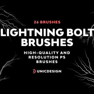 May include: Black graphic with white lightning bolt illustrations. Text reads "26 BRUSHES LIGHTNING BOLT BRUSHES HIGH-QUALITY AND RESOLUTION PS BRUSHES" with the Unicdesign logo in red.