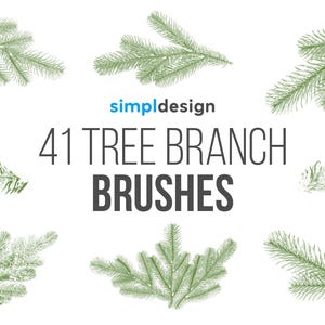 Puede incluir: Imagen que presenta 41 pinceles de ramas de árboles en varios estilos. Las ramas son verdes y blancas, con una apariencia detallada y dibujada a mano. El texto "41 TREE BRANCH BRUSHES" se muestra en negrita, en color oscuro.