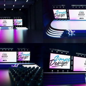 May include: A stage mockup with three large screens displaying "Simple Design" and "Stage Mockup" text. The stage has a white and blue design with bright lighting, suitable for presentations or events.