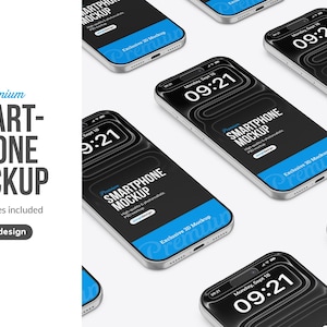 Puede incluir: Una maqueta de varios teléfonos inteligentes con pantallas negras, marcos plateados y detalles en azul. Las pantallas muestran la hora 09:21. El texto en la pantalla dice "SMARTPHONE MOCKUP". La imagen también incluye el texto "Premium SMARTPHONE MOCKUP" y "10 archivos PSD incluidos".