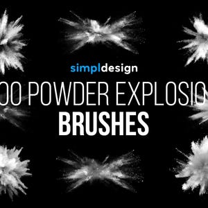 May include: A digital art graphic featuring multiple white powder explosion brushes against a black background. The text "simpldesign" is above the text "100 POWDER EXPLOSION BRUSHES" in white.