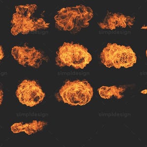 Puede incluir: Una colecci&oacute;n de 18 explosiones de fuego en tonos naranja y amarillo sobre un fondo gris oscuro. Las llamas var&iacute;an en forma y tama&ntilde;o, algunas aparecen como r&aacute;fagas y otras como rastros alargados. La palabra "simpldesign" es visible.