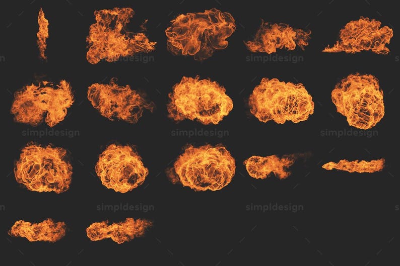 Puede incluir: Una colecci&oacute;n de 18 explosiones de fuego en tonos naranja y amarillo sobre un fondo gris oscuro. Las llamas var&iacute;an en forma y tama&ntilde;o, algunas aparecen como r&aacute;fagas y otras como rastros alargados. La palabra "simpldesign" es visible.