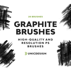 May include: Graphic design elements featuring black graphite brush strokes on a white background. The text reads "GRAPHITE BRUSHES" with "20 BRUSHES" in green above. Below, it says "HIGH-QUALITY AND RESOLUTION PS BRUSHES" with a logo.
