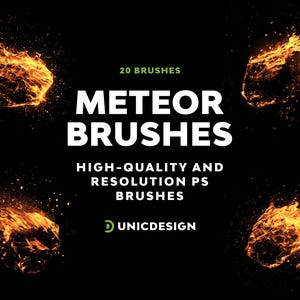 May include: 20 high-quality and resolution Photoshop brushes featuring fiery meteor trails. The brushes are designed for use in digital art and graphic design.