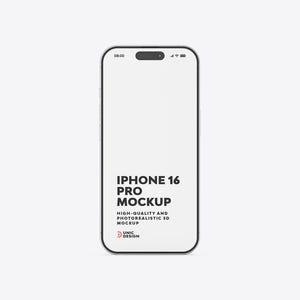 May include: A silver iPhone 16 Pro mockup with a white screen displays the time, battery, and signal indicators. The phone's screen features the text "IPHONE 16 PRO MOCKUP" and "HIGH-QUALITY AND PHOTOREALISTIC 3D MOCKUP". The Unic Design logo is at the bottom.
