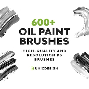 Könnte beinhalten: Ein Set mit über 600 hochwertigen Ölmalpinseln für Photoshop. Das Bild zeigt vier Pinselstriche in Schwarzweiß.