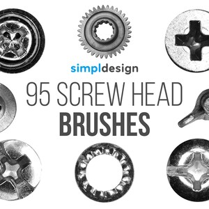 May include: An assortment of nine metal screw heads in various designs, including slotted, Phillips head, and a gear-shaped head. The image includes the text "95 SCREW HEAD BRUSHES" and the simpldesign logo.