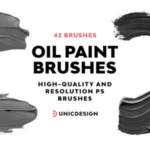 Op de afbeelding: Afbeelding met digitale olieverfkwasten. De tekst luidt "OIL PAINT BRUSHES" met "42 BRUSHES" in het rood. De afbeelding bevat ook de tekst "HIGH-QUALITY AND RESOLUTION PS BRUSHES" en het Unicdesign-logo.