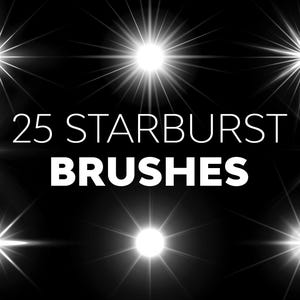 May include: A set of 25 starburst brushes for digital art and design. The brushes are white and create a variety of starburst effects.