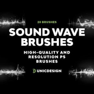 Può includere: Grafica nera con la scritta "SOUND WAVE BRUSHES" in grandi lettere bianche. Sotto, si legge "HIGH-QUALITY AND RESOLUTION PS BRUSHES". L'immagine presenta quattro design di onde sonore e il logo Unicdesign.