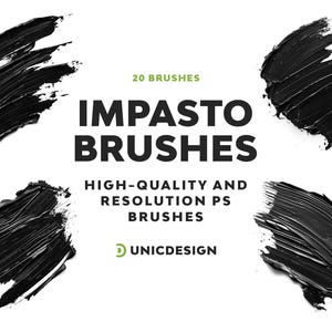 Op de afbeelding: 20 hoogwaardige Photoshop-penseelen met hoge resolutie voor het creëren van impasto-effecten. De penseelen zijn zwart en hebben een dikke, textuurrijke uitstraling.