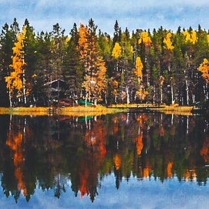 Peut inclure: Une vue panoramique d'un lac entouré d'une forêt d'arbres aux couleurs d'automne. Les arbres se reflètent dans l'eau calme du lac.