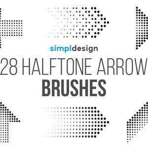 Könnte beinhalten: Grafik mit verschiedenen schwarzen Halbton-Pfeildesigns. Der Text lautet "28 Halftone Arrow Brushes" mit dem simpldesign-Logo. Die Pfeile zeigen in verschiedene Richtungen, vor weißem Hintergrund.