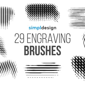 Puede incluir: Sobre un fondo blanco, una colección de pinceles de grabado negros con diversas formas y patrones. El texto "simpl design" está sobre el texto "29 ENGRAVING BRUSHES" en una fuente sans-serif.