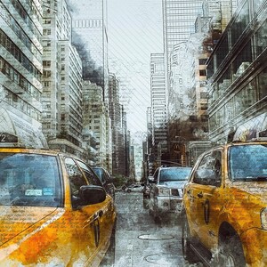 May include: Two yellow taxi cabs with the numbers "4K72" and "7V53" on the roof, driving down a city street. The buildings on either side of the street are drawn in a sketch style.