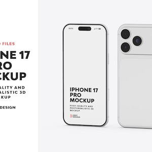 May include: A white iPhone 17 Pro mockup, displaying the front and back views. The phone features the text "IPHONE 17 PRO MOCKUP" and "HIGH-QUALITY AND PHOTOREALISTIC 3D MOCKUP". The image also includes the "UNICDESIGN" logo.