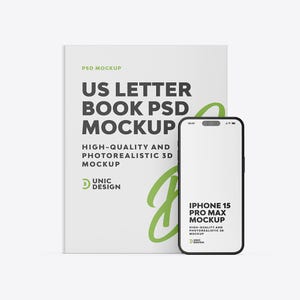 May include: A white US Letter Book PSD mockup next to a black iPhone 15 Pro Max mockup. The book and phone mockups have text that reads "US Letter Book PSD Mockup" and "iPhone 15 Pro Max Mockup". The mockups are labeled "High-Quality and Photorealistic 3D Mockup".