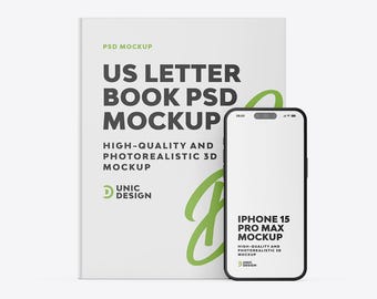 US Letter Book & iPhone 15 Mockup: PSD Scene Creator