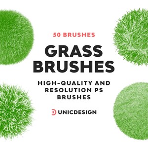 Puede incluir: Imagen que muestra cuatro diseños circulares de pinceles de hierba en varios tonos de verde. El texto "GRASS BRUSHES" se muestra de forma destacada, junto con "50 BRUSHES" y "HIGH-QUALITY AND RESOLUTION PS BRUSHES". También se ve el logotipo de Unicdesign.