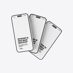 May include: Three white smartphones with black bezels and a notch at the top. The screens display the text "IPHONE 16 PRO MAX MOCKUP" and "HIGH-QUALITY AND PHOTOREALISTIC 3D MOCKUP". The phones are angled and overlapping.
