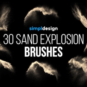 Puede incluir: Imagen sobre fondo negro con múltiples efectos de explosión de arena arremolinada. El texto dice "simpldesign" y "30 SAND EXPLOSION BRUSHES" en blanco.
