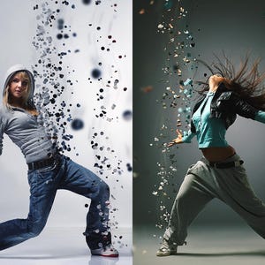 May include: Two women wearing different outfits are dancing in front of a white and gray background with a blurred effect. The woman on the left is wearing a gray hooded sweatshirt, blue jeans, and red sneakers. The woman on the right is wearing a blue and black jacket, gray pants, and black sneakers. Both women have long hair.