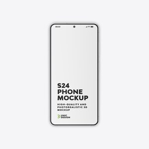 May include: A smartphone mockup with a white screen and black frame. The screen displays the text "S24 PHONE MOCKUP" and "HIGH-QUALITY AND PHOTOREALISTIC 3D MOCKUP". The time 08:00 is displayed at the top. The Unic Design logo is at the bottom.