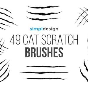 Könnte beinhalten: Digitales Design mit neun schwarzen Katzenkratzer-Pinselstrichen auf weißem Hintergrund. Der Text lautet "simpl design" und "49 CAT SCRATCH BRUSHES" in Grau.