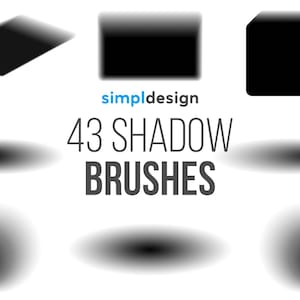 May include: An image showcasing 43 shadow brushes in various shapes, including squares, rectangles, and circles, with a gradient effect. The text "43 SHADOW BRUSHES" is prominently displayed in a dark gray font, with the simplidesign logo above.