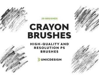 May include: 20 high-quality and resolution Photoshop brushes that mimic the look of crayon strokes. The brushes are shown in black and white on a white background. The text "CRAYON BRUSHES" is in bold black text. The text "20 BRUSHES" is in green text. The text "HIGH-QUALITY AND RESOLUTION PS BRUSHES" is in black text. The text "UNICDESIGN" is in green text.