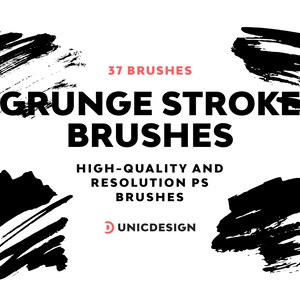 Può includere: Un'immagine con pennellate grunge nere su sfondo bianco. Il testo recita "37 BRUSHES GRUNGE STROKE BRUSHES HIGH-QUALITY AND RESOLUTION PS BRUSHES" con il logo Unicdesign. L'immagine mostra vari stili di pennellate.