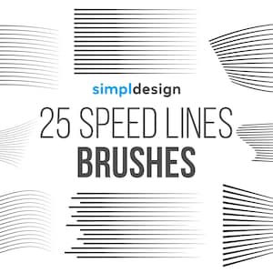 May include: A digital graphic design showcasing black speed line brushes. The image includes the text "simpl design" and "25 SPEED LINES BRUSHES" in a sans-serif font. The speed lines are arranged in various shapes and directions, suitable for digital art.