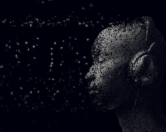 May include: A black and white abstract portrait of a person's face made up of letters and words. The background is black with white letters and words scattered throughout.