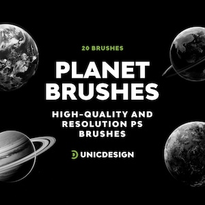 May include: A set of 20 high-quality planet brushes for Photoshop. The brushes feature realistic depictions of planets with rings and craters. The text "PLANET BRUSHES" is displayed in white against a black background.