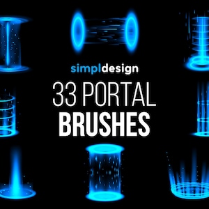 Peut inclure: Illustration numérique présentant neuf modèles de portails bleus lumineux sur fond noir. Le texte "simpl design" et "33 PORTAL BRUSHES" est en blanc. Les portails varient en forme et en style.