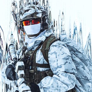 May include: A soldier wearing a white camouflage uniform and helmet with a white face mask and orange sunglasses holds a rifle. The soldier is standing in front of a white background with blue and white abstract shapes.