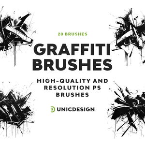 May include: A set of 20 high-quality and high-resolution Photoshop brushes featuring black and white graffiti designs. The text "GRAFFITI BRUSHES" is displayed in bold, black letters. The text "HIGH-QUALITY AND RESOLUTION PS BRUSHES" is displayed in black letters. The text "UNICDESIGN" is displayed in green letters.