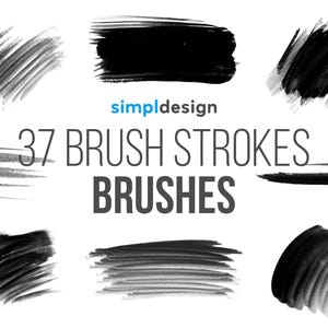 Può includere: Una collezione di 37 pennellate in varie forme e sfumature di nero e grigio, su sfondo bianco. Il testo "simpl design" è turchese e le parole "37 BRUSH STROKES BRUSHES" sono grigie.