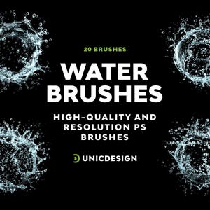 Könnte beinhalten: Ein Satz von 20 hochwertigen Photoshop-Pinseln mit Wasserspritzern. Die Pinsel eignen sich perfekt, um Ihren Designs einen realistischen Wassereffekt zu verleihen. Die Pinsel sind in verschiedenen Größen und Formen erhältlich, sodass Sie den perfekten Pinsel für Ihre Bedürfnisse finden können. Der Text auf dem Bild lautet "20 Pinsel, Wasserpinsel, Hochwertige und hochauflösende PS-Pinsel, UNICDESIGN".